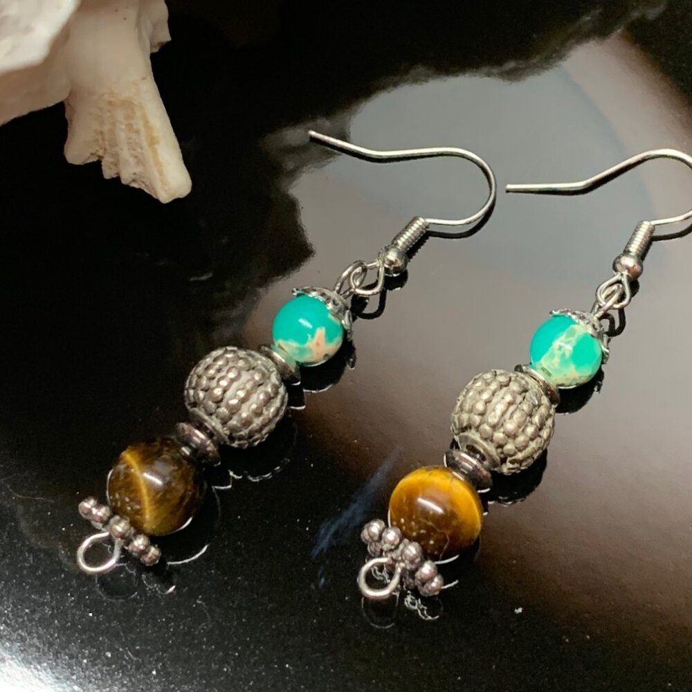Tiger's Eye Sea Sediment Gemstone Bead Handmade Pierced Earrings LR129